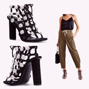 Alexander Wang Heels 7.5 Black Rubie Pearl Cage Strappy Designer Edgy Cocktail